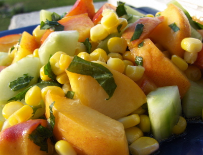 Minted peach and corn salad is a great side dish for end of summer. Free of sugar, gluten, eggs an dairy.