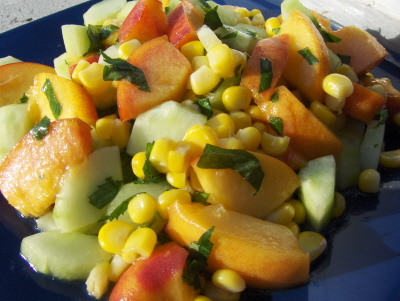 Minted Peach and Corn Salad is perfect for end of summer meals! Fresh, light and free of sugar, gluten, eggs and dairy.