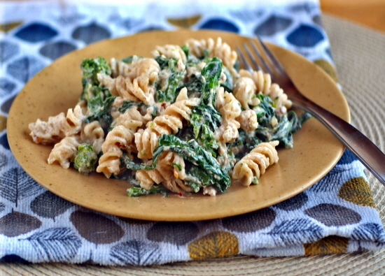 creamy pasta with almond feta and broccoli raab for candida diets