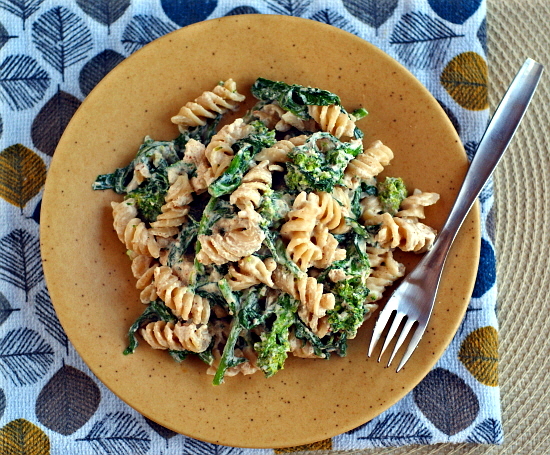 plate of candida-diet friendly rapini pasta with almond feta and broccoli raab