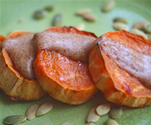 Sweet potato rounds with sweet almond sauce on rickiheller.com