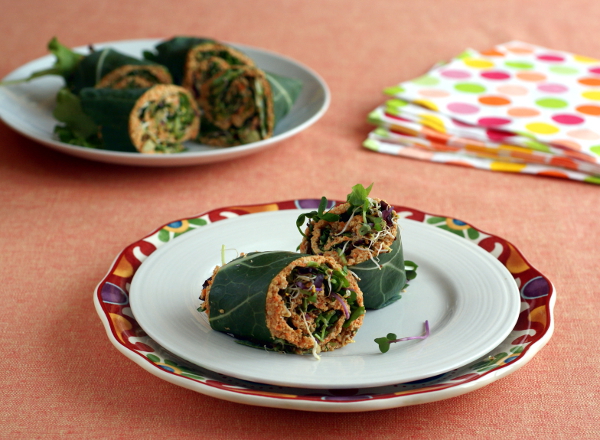 Raw, vegan, collard wraps with curried carrot pate on rickiheller.com