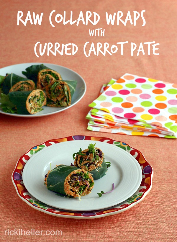 Vegan, raw collard wraps with curried carrot pate on rickiheller.com