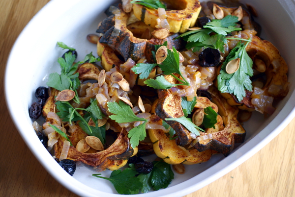 vegan, sugar-free, grainfree roasted squash with onions and olives on rickiheller.com