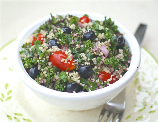 candida diet, sugar-free, gluten-free quinoa and kale salad with blueberries recipe