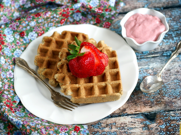 Vegan, sugar-free grain free waffles with strawberry cream