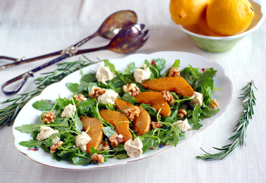 candida diet, grainfree, glutenfree, vegan pear arugula salad with goat cheese and walnuts