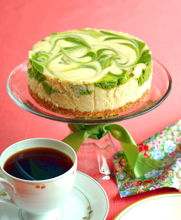 Beautiful platter with Lemon Marbled Raw Matcha Cheesecake without sugar, eggs or dairy