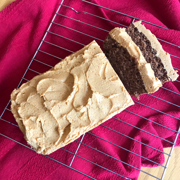 Amazing Caramel Frosting wtihout sugar, gluten, eggs or dairy on a loaf cake