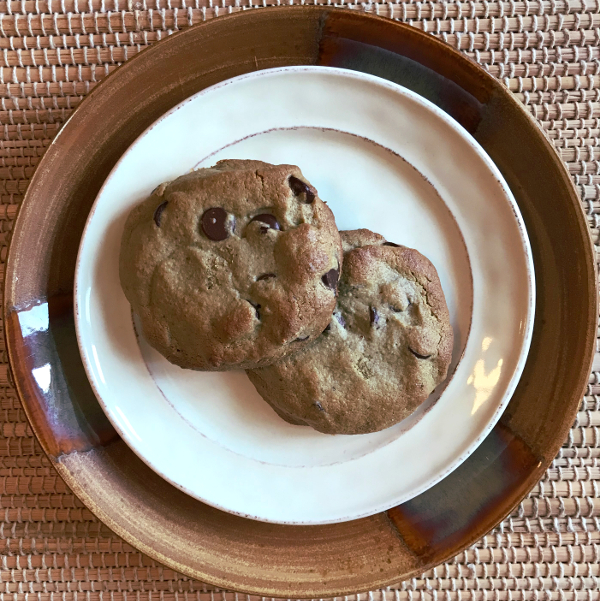 overhead shot of candida friendly, sugar free, grainfree chocolate chip cookies on a plate