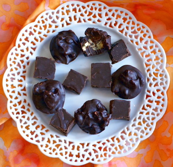Plate with bite-sized pieces of keto-friendly, candida-friendly, sugar-free, dairy-free chocolate fudge.